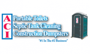 ACI logo featuring text "Portable Toilets Septic Tank Cleaning Construction Dumpsters" and an image of a green portable toilet