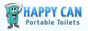 Happy Can Portable Toilets logo featuring a cheerful blue toilet paper roll with arms and legs