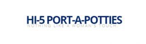 Logo of "Hi-5 Port-a-Potties" featuring blue text with the tagline "Nothing like a woman's touch" below in smaller font