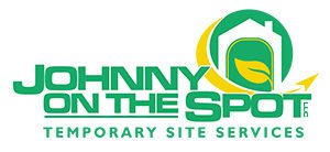Johnny on the Spot logo, featuring text and an icon of a toilet inside a swooping green and yellow circle, saying "Temporary Site Services" under the main brand name