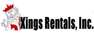 King Rentals, Inc. logo featuring a cartoon-style king in red and white robes, holding a large key, next to the company's name in black text