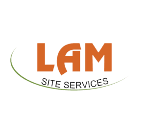 LAM Site Services logo, featuring the word "LAM" in large, bold orange letters, encircled by a thin, green loop, with the words "Site Services" in green beneath