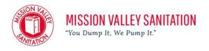 Mission Valley Sanitation logo featuring a red and white design with the slogan "you dump it, we pump it"