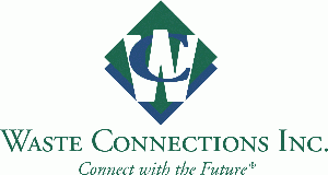 Waste Connections Inc. logo, featuring a stylized green and blue diamond-shaped emblem with a white letter "W" at the center, above the company name and slogan "Connect with the Future"