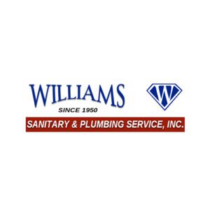 Williams Sanitary & Plumbing Service, Inc. logo featuring the name in blue text with "since 1950" and a blue and white emblem with a 'w' on the right.