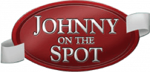 Johnny on the Spot logo with bold, capitalized white letters on a glossy red background