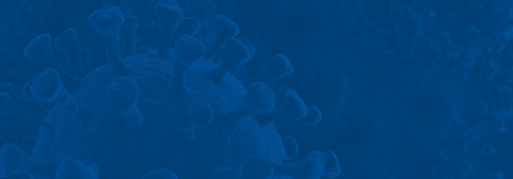 Illustration of a blue virus structure in the shape of a spiky ball against a matching blue background