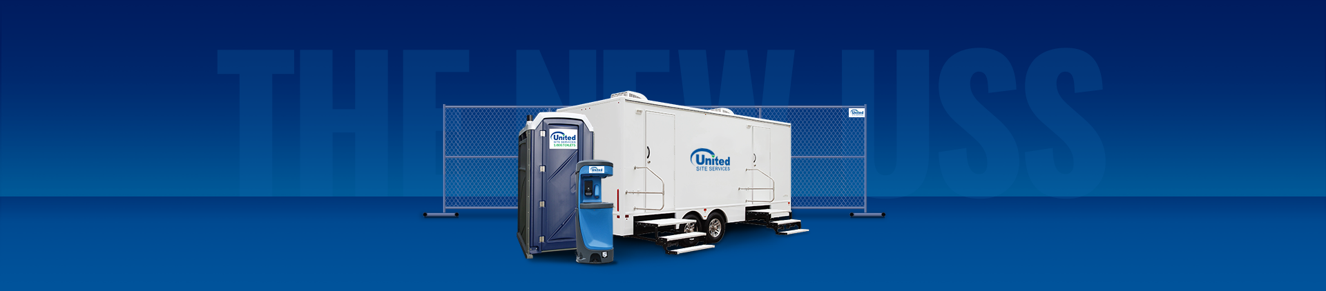 An image with a porta potty, hand washing station, bathroom trailer and temporary fence with the slogan the new uss in the background An image with a porta potty, hand washing station, bathroom trailer and temporary fence with the slogan the new uss in the background