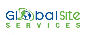 Global Site Services logo featuring stylized, multi-colored text with a green and blue globe replacing the letter 'o' in "global.
