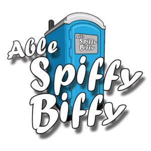 Spiffy Biffy logo with light blue illustration of portable restroom overlayed with brand name