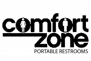 Comfort Zone logo in black and white featuring women's restroom sympbol in the letter 'o'
