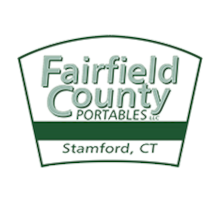 Logo of Fairfield County Portables, featuring green and white text with the location Atamford, CT below, encased in a stylized design