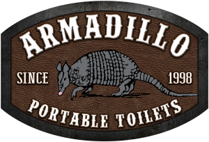 Armadillo Portable Toilets logo featuring an illustration of an armadillo on a brown textured background with text "since 1998"