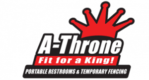 A-throne logo featuring a red crown above bold text, with the slogan "fit for a king!" and additional text "portable restrooms & temporary fencing" on a dark background