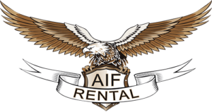 Logo of "AIF Rental" featuring an eagle with outspread wings over a shield encircled by a white ribbon with the company name.