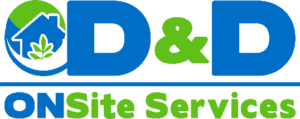 Logo of D&D Onsite Services featuring stylized house, leaf, and water icon in a green and blue color scheme