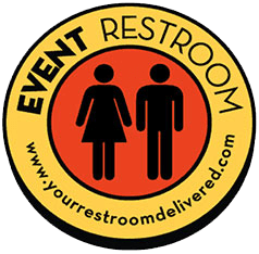 Round sign with the text "EVENT RESTROOM" at the top and "www.yourrestroomdelivered.com" at the bottom. Features pictograms of a man and woman in the center against a black background within a yellow border