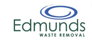 Edmunds Waste Removal logo featuring the name "Edmunds" in dark green, accompanied by the words "waste removal" and a stylized blue oval above the text