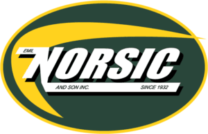Norsic logo, featuring bold white text on a green background, encapsulated within an elliptical yellow border