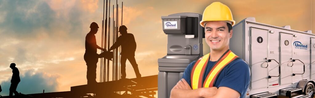 a construction worker wearing safeyu gear with a hand washing station and bathroom trailer in the background