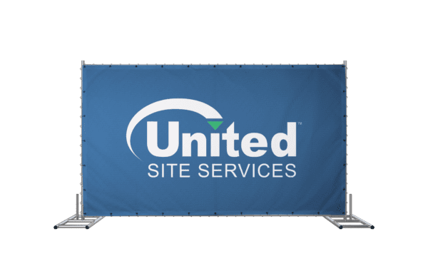 Blue banner with the "United Site Services" logo on a temporary fence displayed on a metal stand