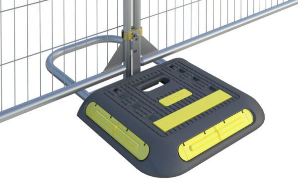 3D rendering of a black and yellow base for securing crowd control barriers