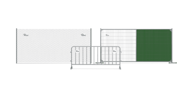 The different types of temporary fence rentals, including a chain-link fence, barricade, and privacy fence with a green privacy screen.