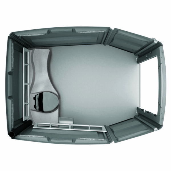Bird's-eye view of ADA-compliant gray large tank portable toilet with a black toilet seat