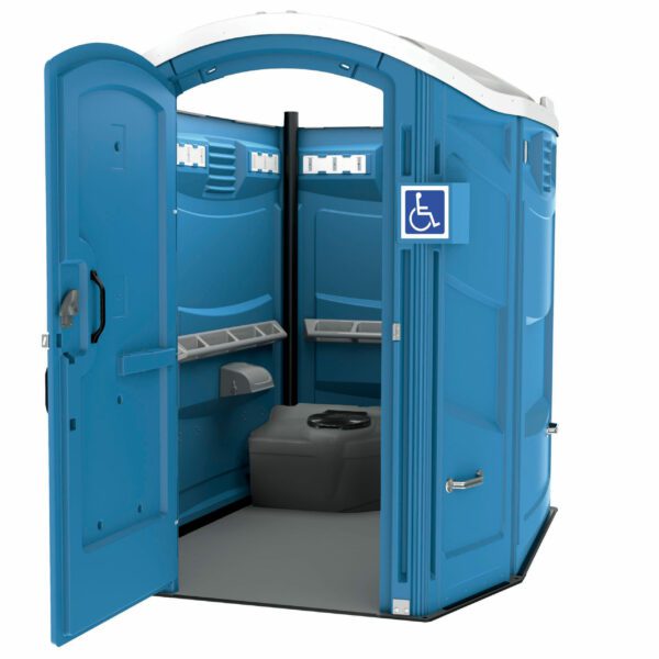 A blue ADA portable toilet with an open door revealing an accessible interior, equipped with handrails and a spacious design for wheelchair access