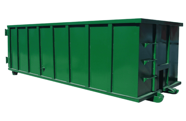 A 30-yard green dumpster with multiple side panels on a plain white background