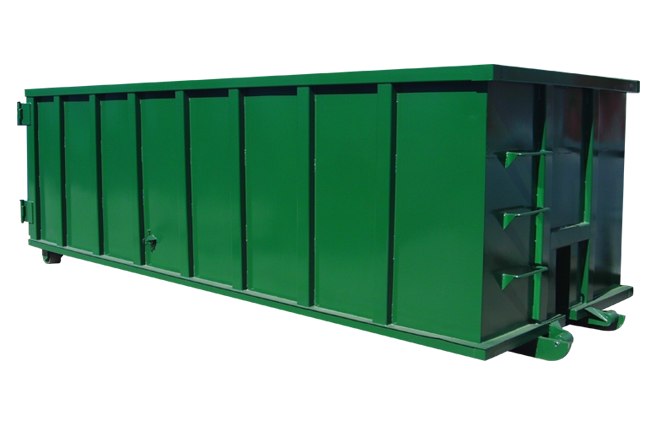 A 30-yard green dumpster with multiple side panels on a plain white background