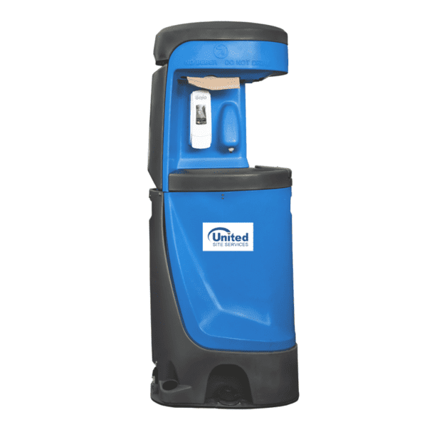 A blue and black portable handwashing station with a soap dispenser, paper towel holder, and a foot pump mechanism