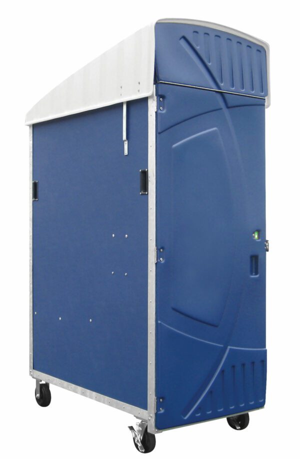 Blue high-rise portable toilet on wheels, featuring a white roof, vented door, and sturdy locking mechanism