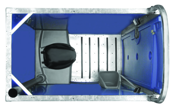 Bird's-eye view of the interior of a portable toilet with a black toilet seat and urinal