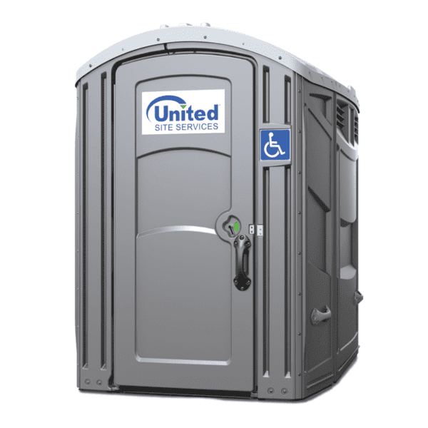 An ADA portable toilet featuring a gray exterior with USS logo, an accessibility symbol, and a green occupancy indicator.