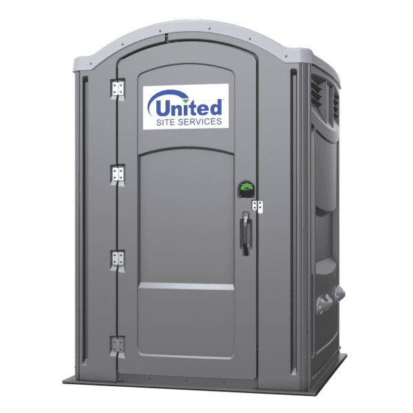 A united site services ADA portable toilet featuring a gray exterior with the united site services logo, an accessibility symbol, and a green occupancy indicator