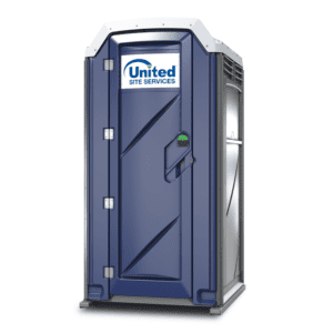 Blue portable restroom with United Site Services logo on the door, featuring a green vacant sign.