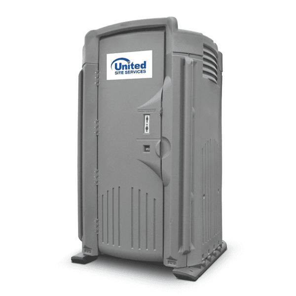 Gray portable toilet with the logo for United Site Services on the door, set against a plain white background.