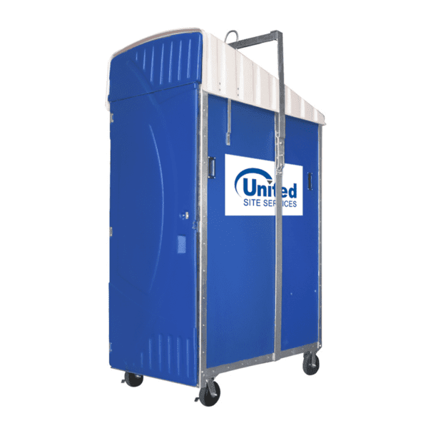 Blue high-rise portable toilet unit on wheels with "United Site Services" branding on the sides