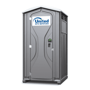 A gray standard portable toilet with a ventilated design, a green "occupied" indicator, and white trim detailing