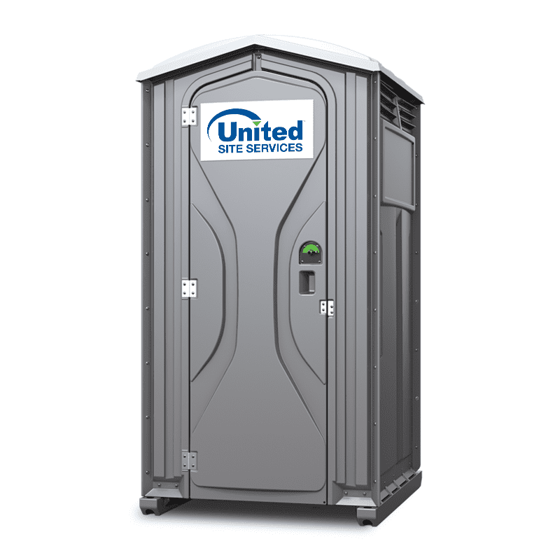 A gray standard portable toilet with a ventilated design, a green "occupied" indicator, and white trim detailing