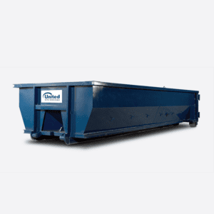 A large blue industrial dumpster with a white background