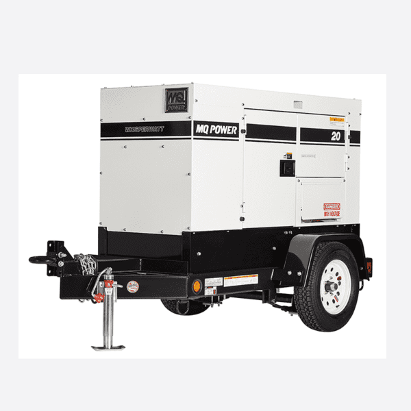 A portable MQ Power diesel generator mounted on a trailer with a hitch, featuring a white and black exterior