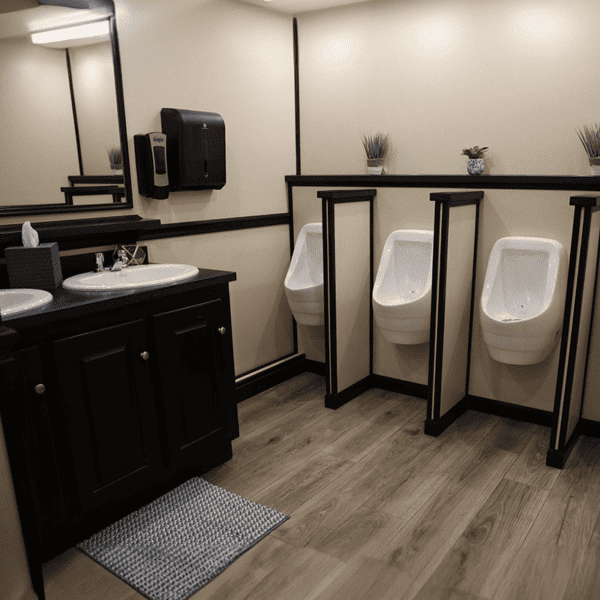 A clean bathroom trailer with three urinals separated by partitions, a sink cabinet, and decorative plants on shelves