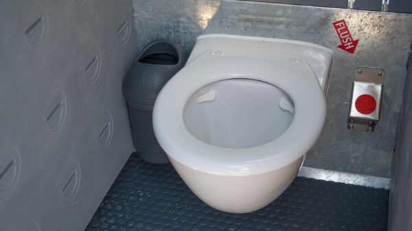 An portable restroom interior featuring a white toilet with an open lid and a red flush button on the right and a gray trash bin behind the toilet