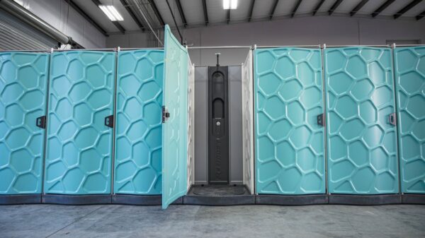 A row of turquoise Hydroflow portable showers with a door to one stall open inside a warehouse facility