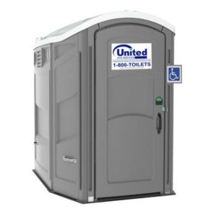 Gray portable toilet with a handicap access symbol and a logo reading "United Site Services 1-800-TOILETS" on a white sign
