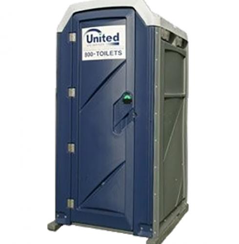 A blue portable toilet unit with the United Site Services logo and contact number at the top, featuring a lockable door and vents