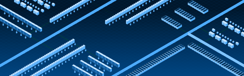Grid design of a job site in shades of blue, showcasing various site activities and equipment.